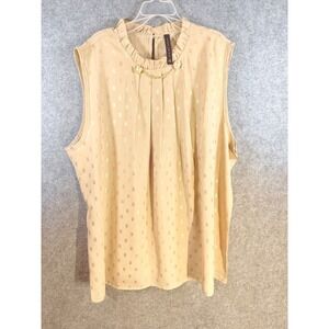 Luna Rae Tan Gold Foil Geometric Ruffle Neck Pearl Chain Blouse XL Sleeveless